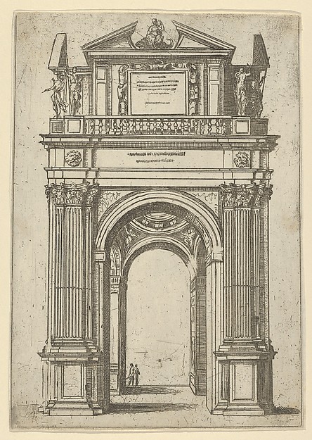 Guido Reni, Triumphal arch surmounted by woman seated on a dolphin, four standing figures below, a temporary decoration for the entry of Pope Clement VIII in Bologna in 1598