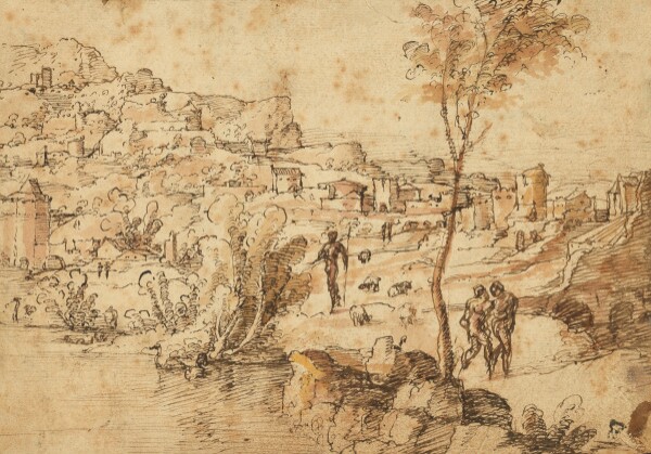 Jan van Scorel, Landscape with Shepherds by a River and a Town Beyond (recto); Figure Studies and Roman Ruins (verso)