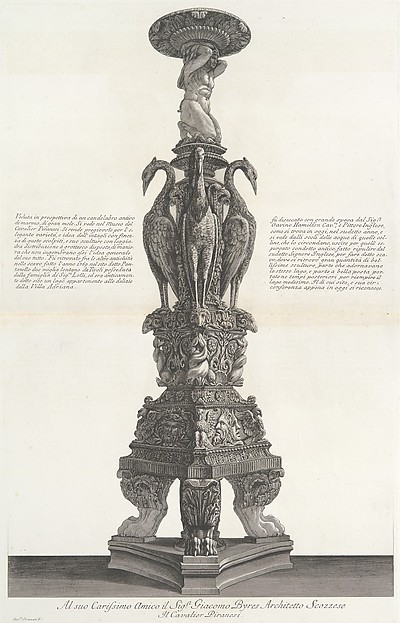 Giovanni Battista Piranesi, Perspective view of the same candelabrum, from "Vasi, candelabri, cippi, sarcofagi, tripodi, lucerne, ed ornamenti antichi disegnati ed incisi dal Cav. Gio. Batt. Piranesi, Vol. II" (Vases, candelabra, grave stones, sarcophagi, tripods, lamps, and ornaments designed and etched by Cavalieri Giovanni…