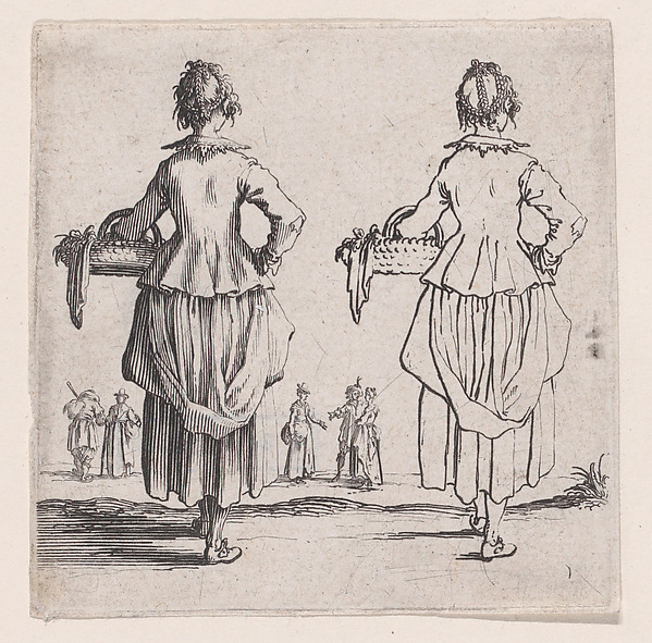 Jacques Callot, La Paysanne Viewed de Dos, Tenant un Panier a son Bras Gauche (The Peasant Woman Viewed from Behind, Holding a Basket in his Left Arm), plate 1 from "Varie Figure" (Various Figures)