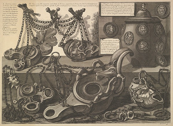 Giovanni Battista Piranesi, Various Lamps and a vase encusted with cameos, from "Vasi, candelabri, cippi, sarcofagi, tripodi, lucerne, ed ornamenti antichi disegnati ed incisi dal Cav. Gio. Batt. Piranesi" (Vases, candelabra, grave stones, sarcophagi, tripods, lamps and ornaments designed and etched by Cavaliere Giovanni Batt…