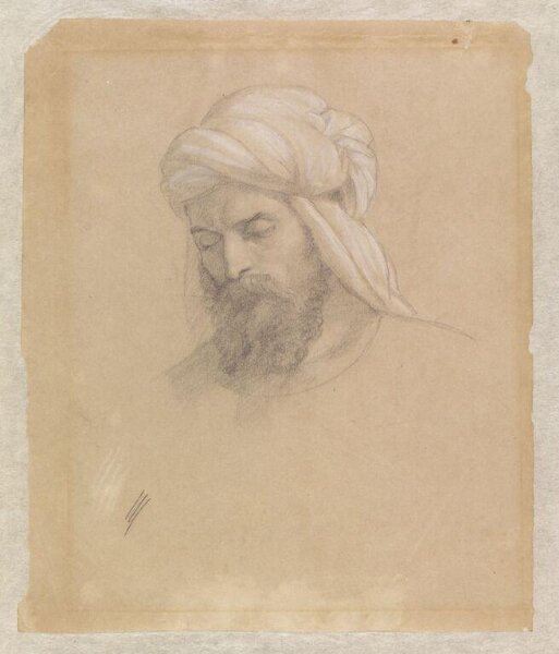 Unknown, Portrait head, facing left, of a man wearing a white turban
