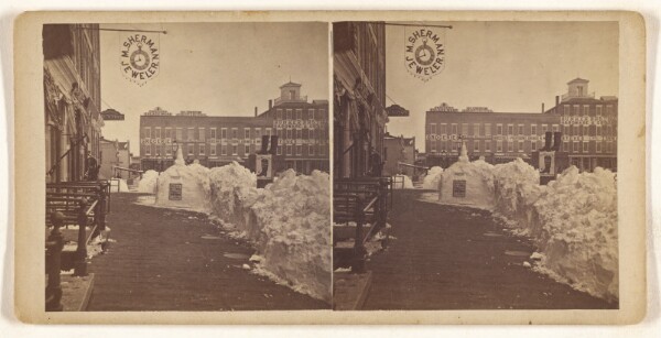 Unknown, [Snow swept street of possibly Keene, New Hampshire with sign of M. Sherman Jeweler at top left]