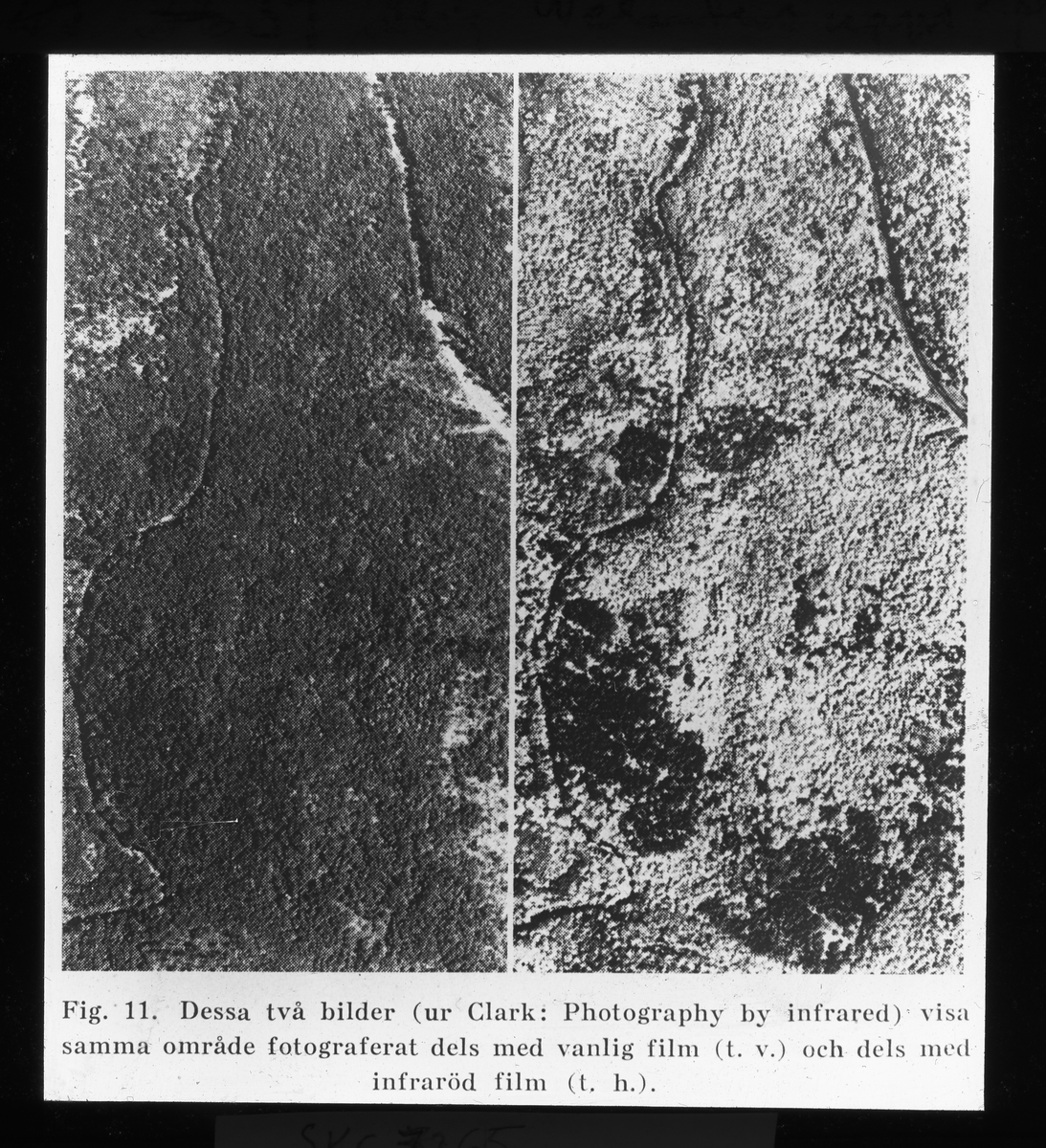 Unknown artist, Skioptikonbild från Institutionen för fotografi vid Kungliga Tekniska Högskolan. Använd av professor Helmer Bäckström som föreläsningsmaterial. Bäckström var Sveriges första professor i fotografi vid Kungliga Tekniska Högskolan i Stockholm 1948-1958. De två bilderna visar samma område fotograferat …