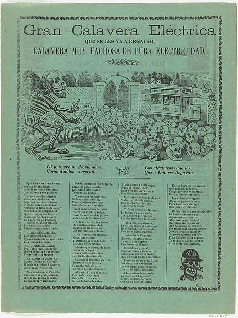 José Guadalupe Posada, The grand electric skeleton, a large skeleton is hypnotizing a group of skulls and a sitting skeleton, an electric street car in the background