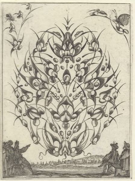 Moncornet, Balthasar, (approximately 1600-1668), (printmaker), Stylized bouquets: A bouquet above a landscape with figures