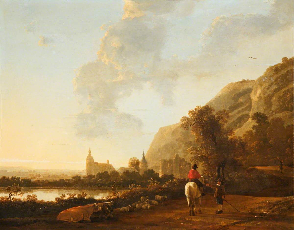 Aelbert Cuyp, A River Landscape with a Horseman on a Road