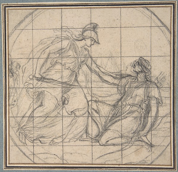 Eustache Le Sueur, Design for a Medallion: Huntress Kneeling before an Armed Goddess