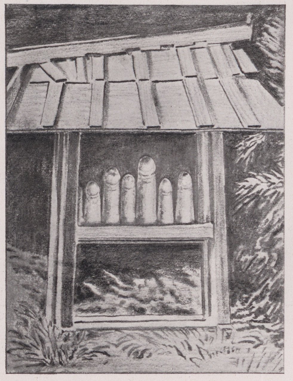 Unknown artist, Abbildung einer Hütte mit aufgestellten Phalli