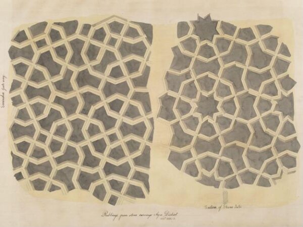 Unknown, One of twenty-nine drawings of details of architectural ornament taken from rubbings of stone decoration on monuments in Agra district, including Fatehpur Sikri and Sikandra.