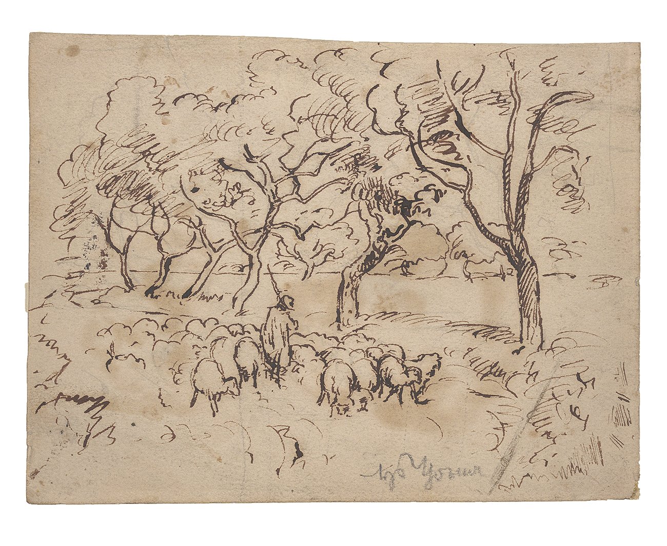 Unknown artist, Schafherde unter Bäumen