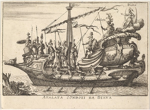 Anonymous, Plate 12: Atalanta led by Diana (Atalata condoti da Diana), from "The magnificent pageant on the river Arno in Florence for the marriage of the Grand Duke" (Le Magnifique carousel fait sur le fleuve de l'Arne a Florence, pour le mariage du Grand Duc)