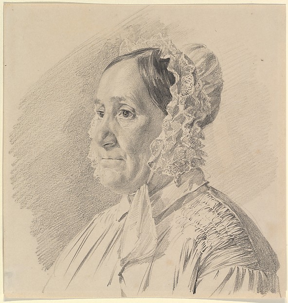 Ferdinand Georg Waldmüller, Portrait of a Woman in a Lace Bonnet, in three-quarter profile to the left