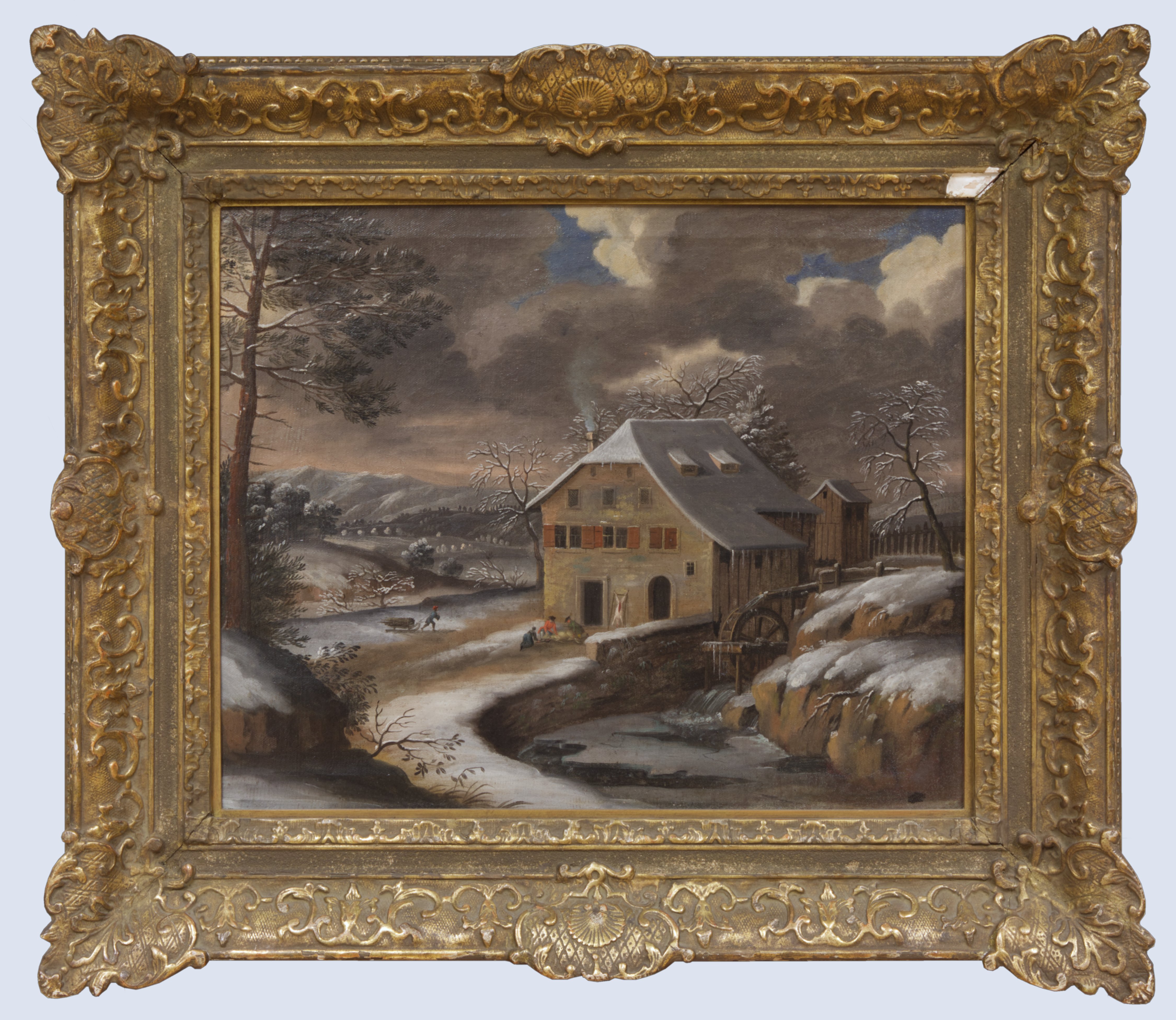 Unknown artist, Ohne Titel ("Schlachterszene vor einer alten Mühle")