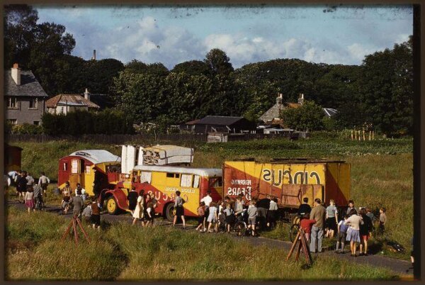 Hinde, John Wilfrid, view of circus wagons and trailers