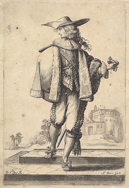 Abraham Bosse, A gentleman walking forward, his face in profile to the left, holding his glove in his right hand and wearing a hat, a fur jacket, and shoes with ribbons, from "The Garden of the French Nobles In Which One Can Pick Up Their Way of Dressing"