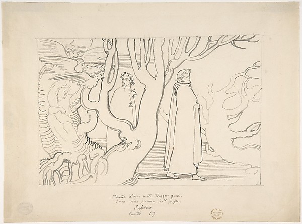 John Flaxman, Dante and Virgil in the Suicidal Wood (Inferno, Canto 13, verses 22-23)