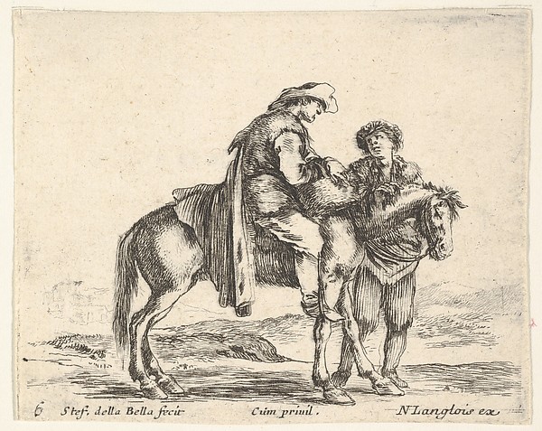 Stefano della Bella, Plate 6: a peasant on horseback in profile facing the right, holding a basket and talking to another man standing behind the horse, from "Diversi Capricci"