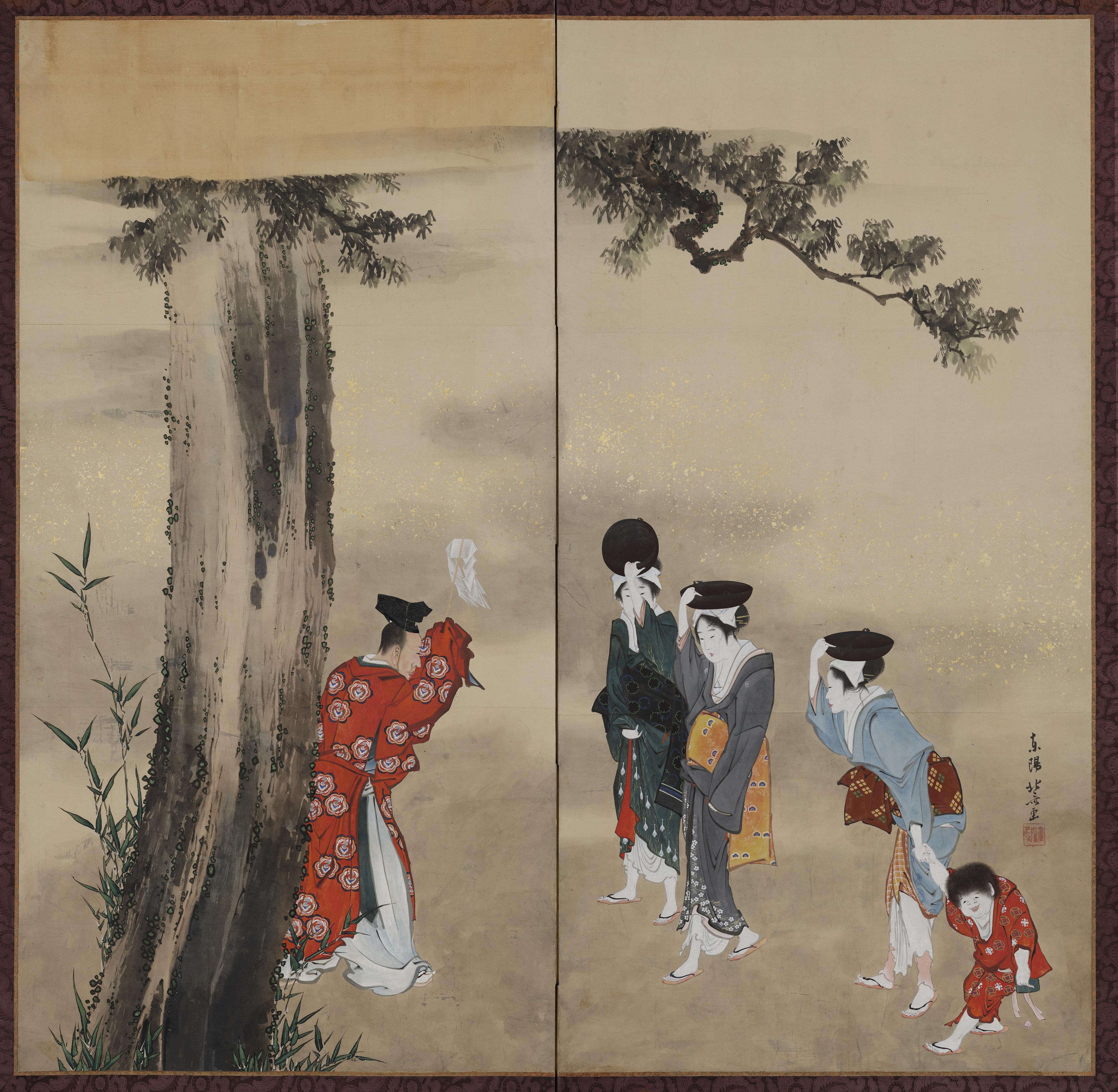 Katsushika Hokusai, A Shinto Priest, Three Women and a Child