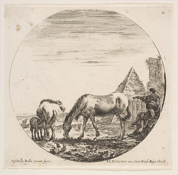 Stefano della Bella, The pyramid of Caius Cestius at right in the background, a horse grazing at center, a foal suckling a mare at left, two shepherds at right, plate 11 from "Roman landscapes and ruins" (Paysages et ruines de Rome)