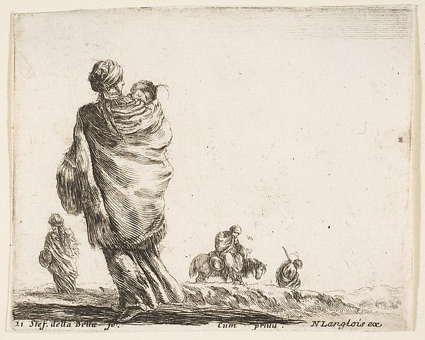 Stefano della Bella, A poor woman to left, seen from behind, enveloping her child in a shawl, another woman seen from behind to left in background, a woman atop a horse and a man to right in background, plate 21 from "Diversi capricci"