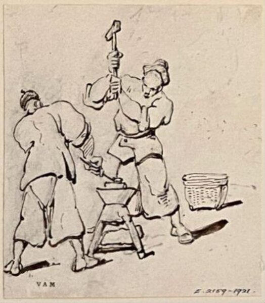 George Chinnery, Two Chinese blacksmiths at work, with a basket behind