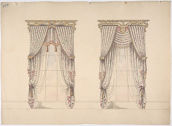Anonymous, British, 19th century, Design for Pink, Green and White Curtains with Pink and Gold Fringes and a Gold and White Pediment