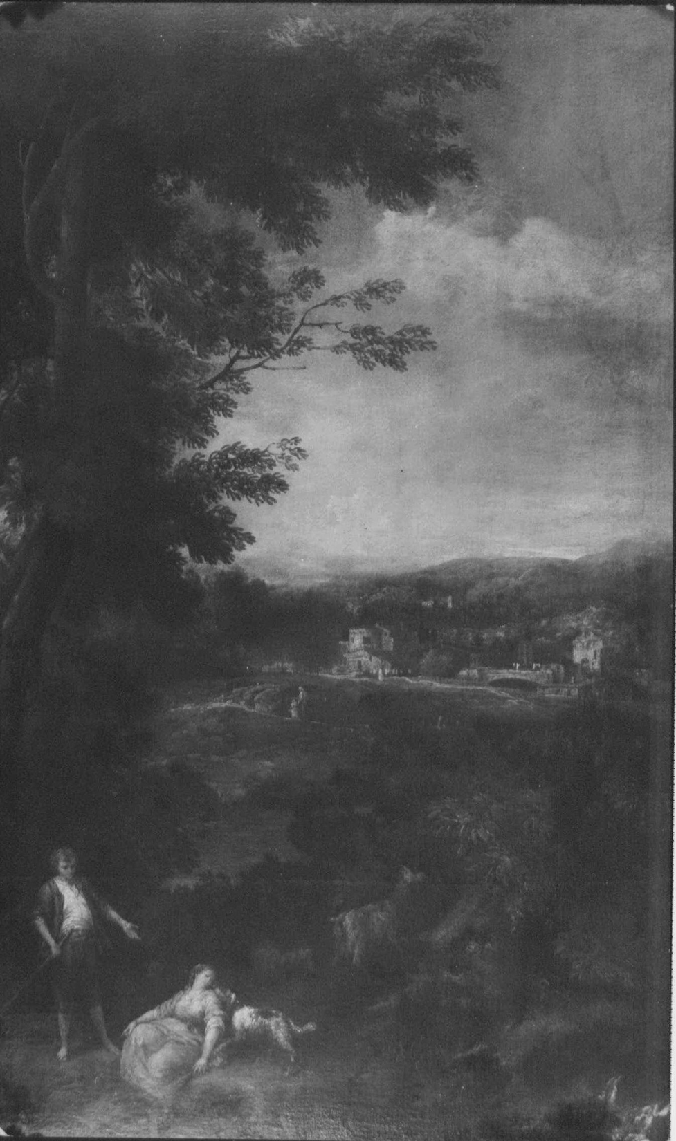 Francesco Zuccarelli, Landscape with a Goatherd and a Seated Woman Nuzzled by a Dog
