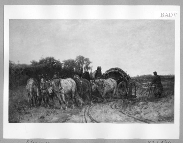 Adolf Schreyer, carriage + horses in moore-landscape