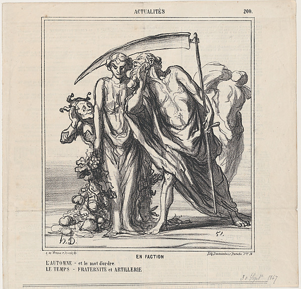 Honoré Daumier, On Sentry Duty: Autumn –and the password? Time–Fraternity and artillery, from 'News of the day,' published in Le Charivari, September 30, 1867