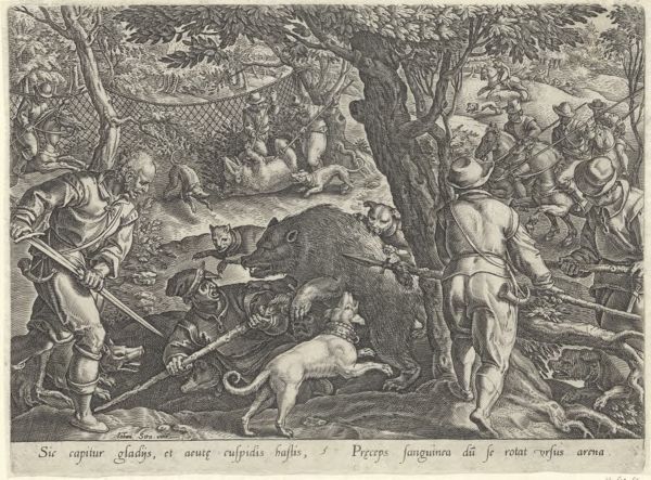 Galle, Philippe, (1537-1612), (printmaker), The hunting parties: Bear hunt with nets