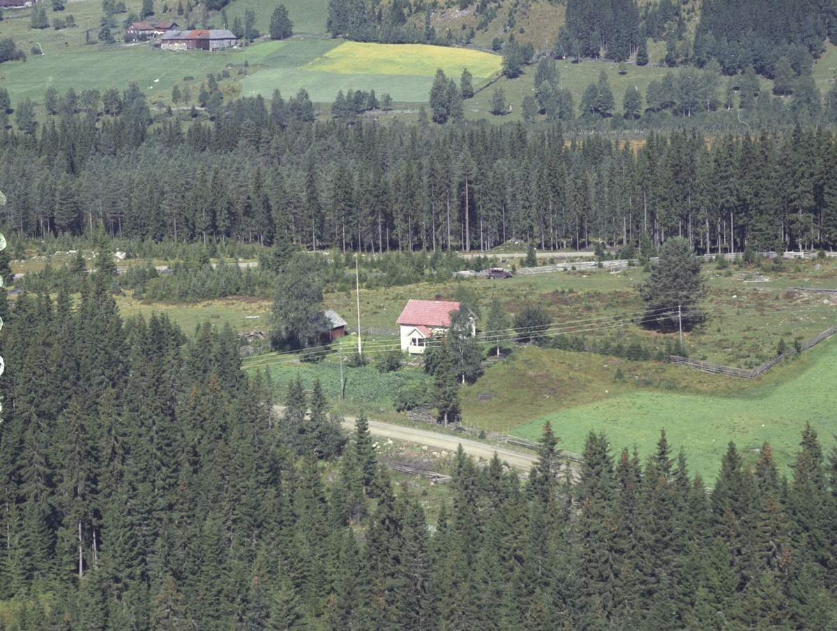 Widerøes Flyveselskap A/S, Flyfoto, Åsmarka, Ringsaker. Villa på Haugsvehøgda med Onsum søndre i bakgrunnen.