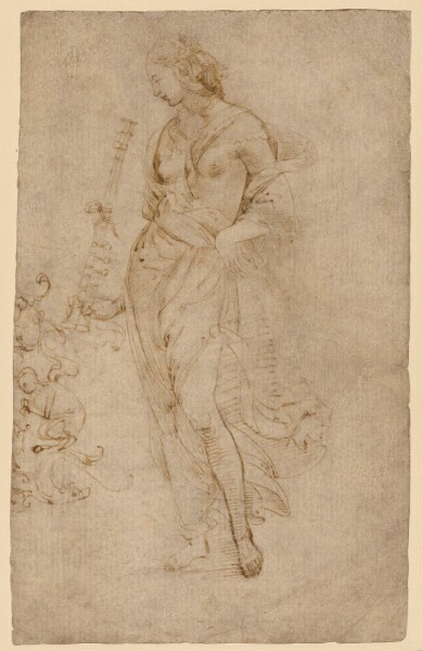 Raphael, Female Figure with a Tibia, and Ornamental Studies (recto); Ornamental Studies (verso)