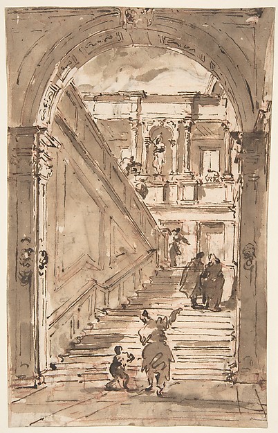 Francesco Guardi, Architectural Fantasy: Figures on a Grand Staircase (recto); Studies for the Frame of a Shaped Field (verso)