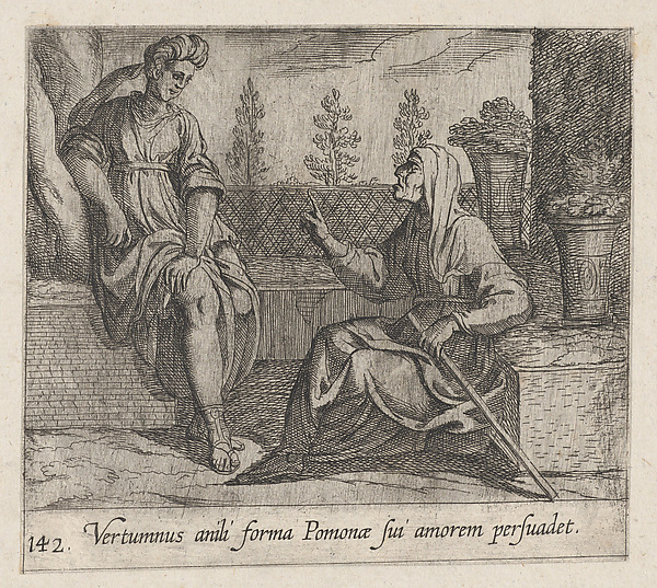 Antonio Tempesta, Plate 142: Pomona and Vertumnus (Vertumnus anili forma Pomonae sui amorem persuadet), from Ovid's 'Metamorphoses'