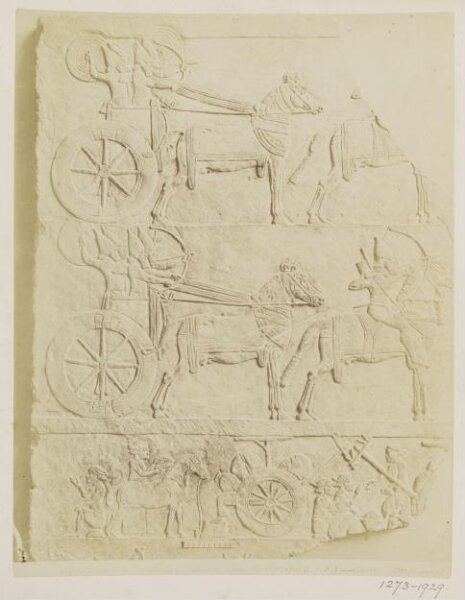 Unknown, Bas-relief showing chariots, war and mounted warriors and a bivouac from Palace of Kuyunjik, period of Ashua-bari-pal (668-626 B.C.). Paris: Louvre