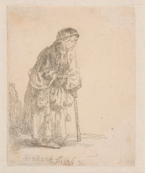 Rembrandt van Rijn, Tiggerske, lænende sig til en stok