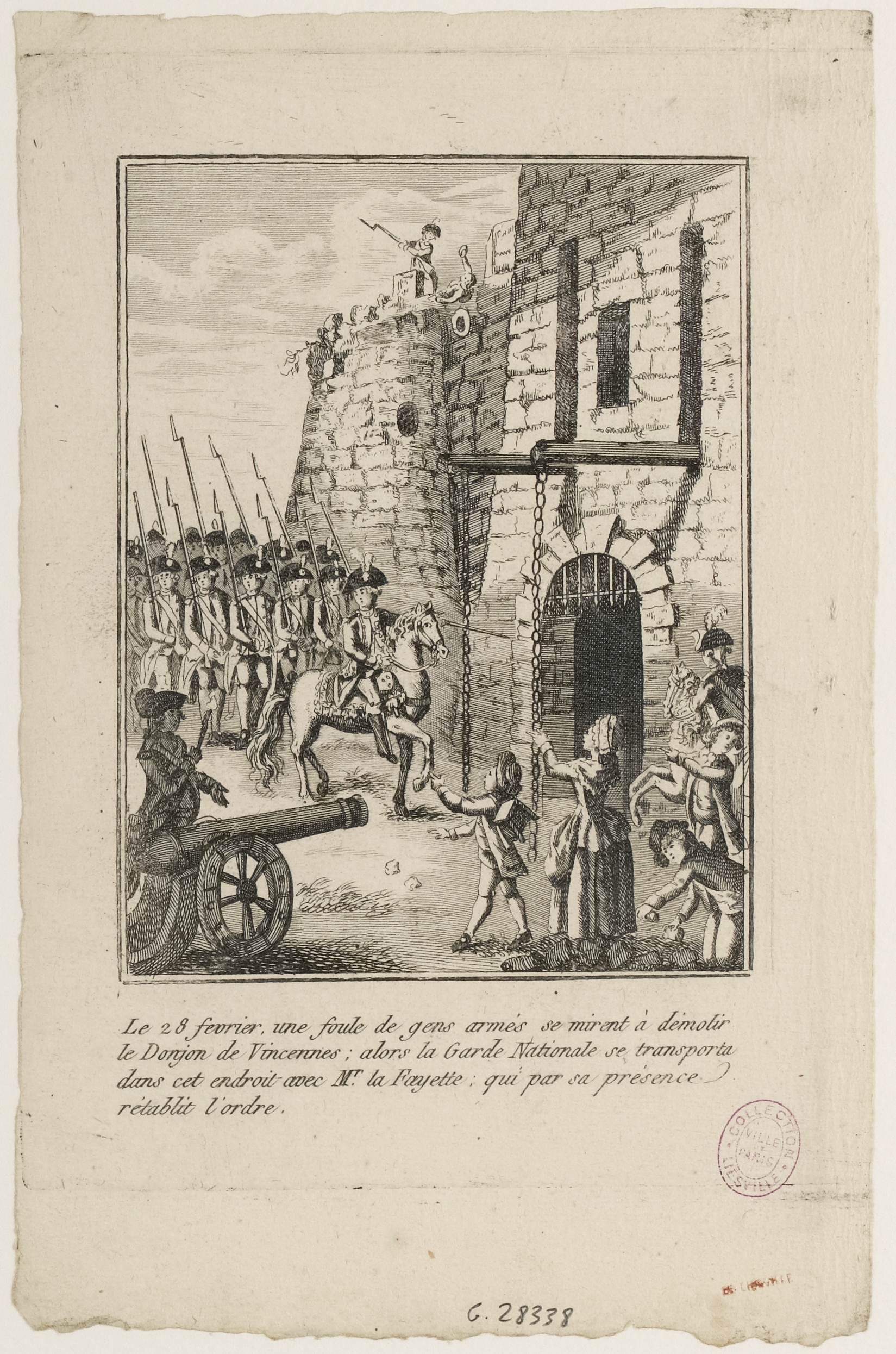 Anonyme, Le 28 février, une foule de gens armés se mirent à démolir / le Donjon de Vincennes [...].
