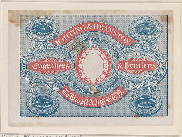 Anonymous, British, 19th century, Trade Card for Whiting & Branston, Engravers & Printers