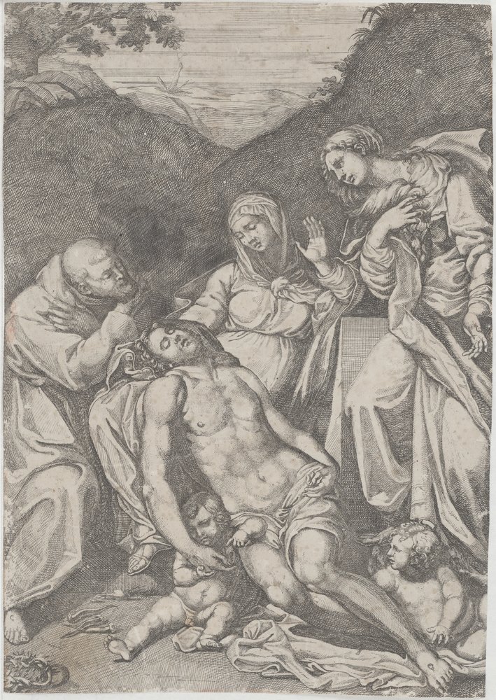Unknown artist, Pieta mit der Heiligen Maria Magdalena, dem Heiligen Franziskus und zwei Engeln