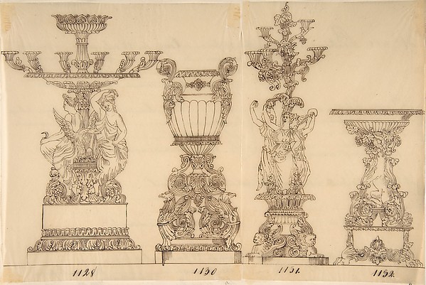 Anonymous, French, 19th century, Designs for Two Candelabras and Two Urns