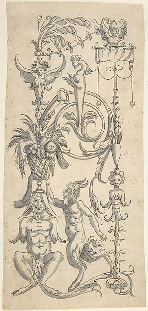 Anonymous, Italian, 16th century, Candelabra Grotesque with a Crouched Satyr Carrying a Fruit Basket