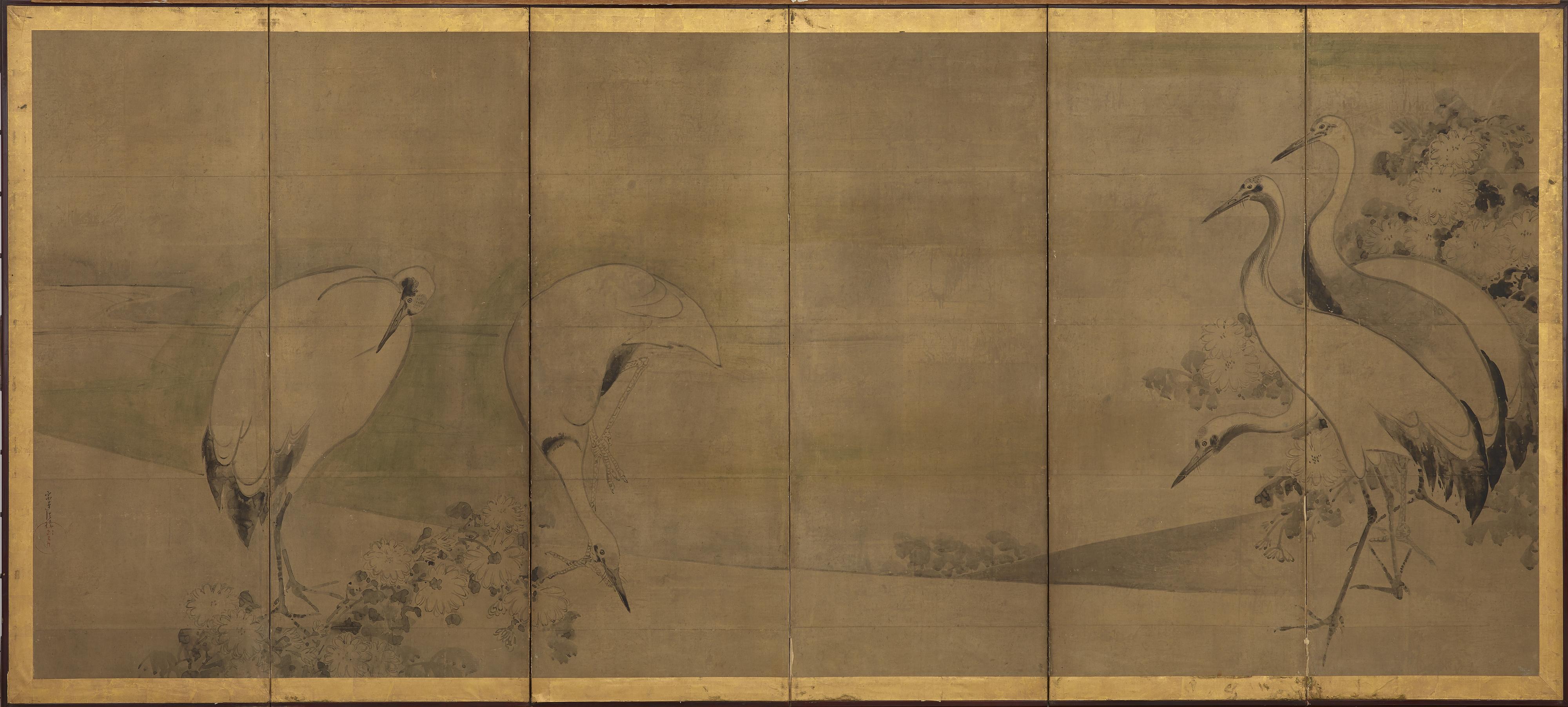 Tawaraya Sotatsu, Cranes and chrysanthemums