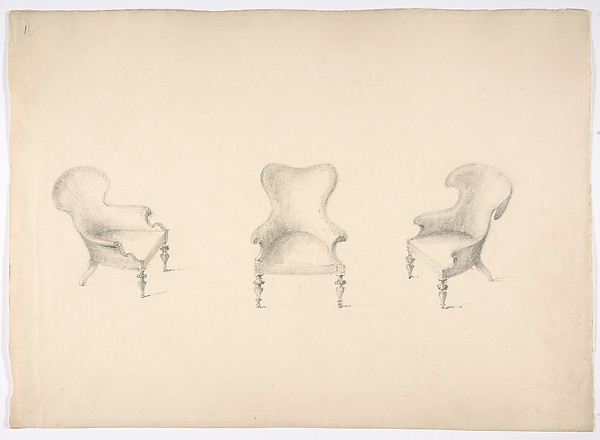 Anonymous, British, 19th century, Design for Three Low Uphostered Arm Chairs