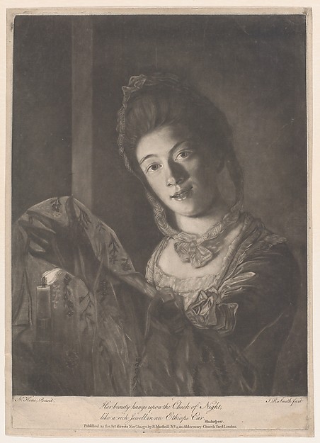 John Raphael Smith, Miss Lydia Hone – "Her beauty hangs on the Cheek of Night, like a rich Jewel in an Ethiop's Ear"