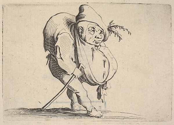 Jacques Callot, Small figure striding forward with cane and bulging abdomen, body in profile view and head in three-quarters view, from "Varie Figure Gobbi"
