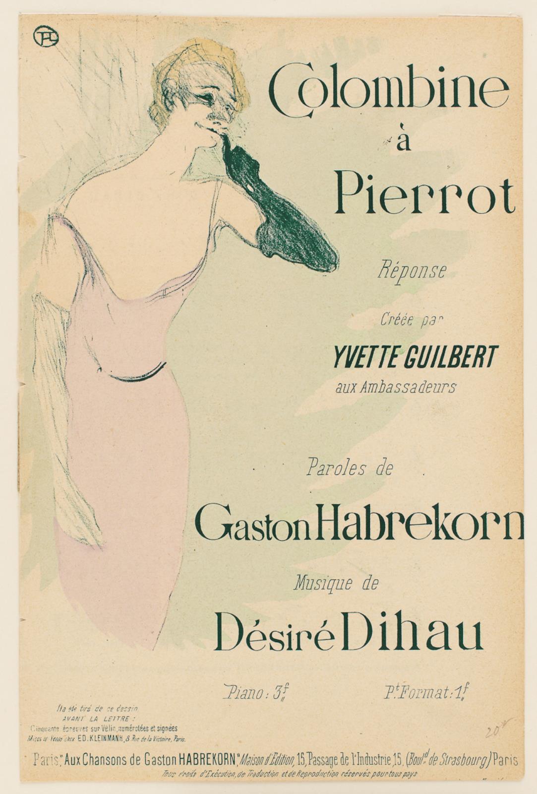 Henri de Toulouse-Lautrec, Yvette Guilbert, dans Colombine à Pierrot