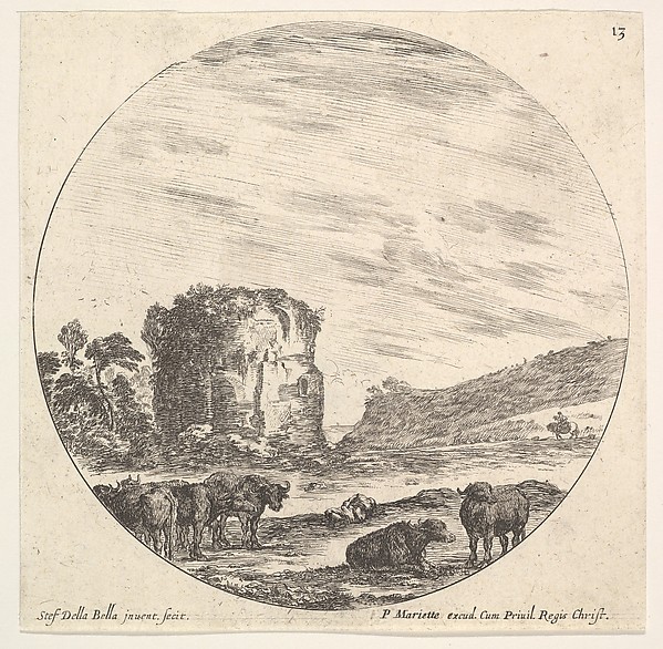 Stefano della Bella, Plate 13: ruins of an ancient temple in the background, a herd of cows in the foreground, from "Roman landscapes and ruins" (Paysages et ruines de Rome)