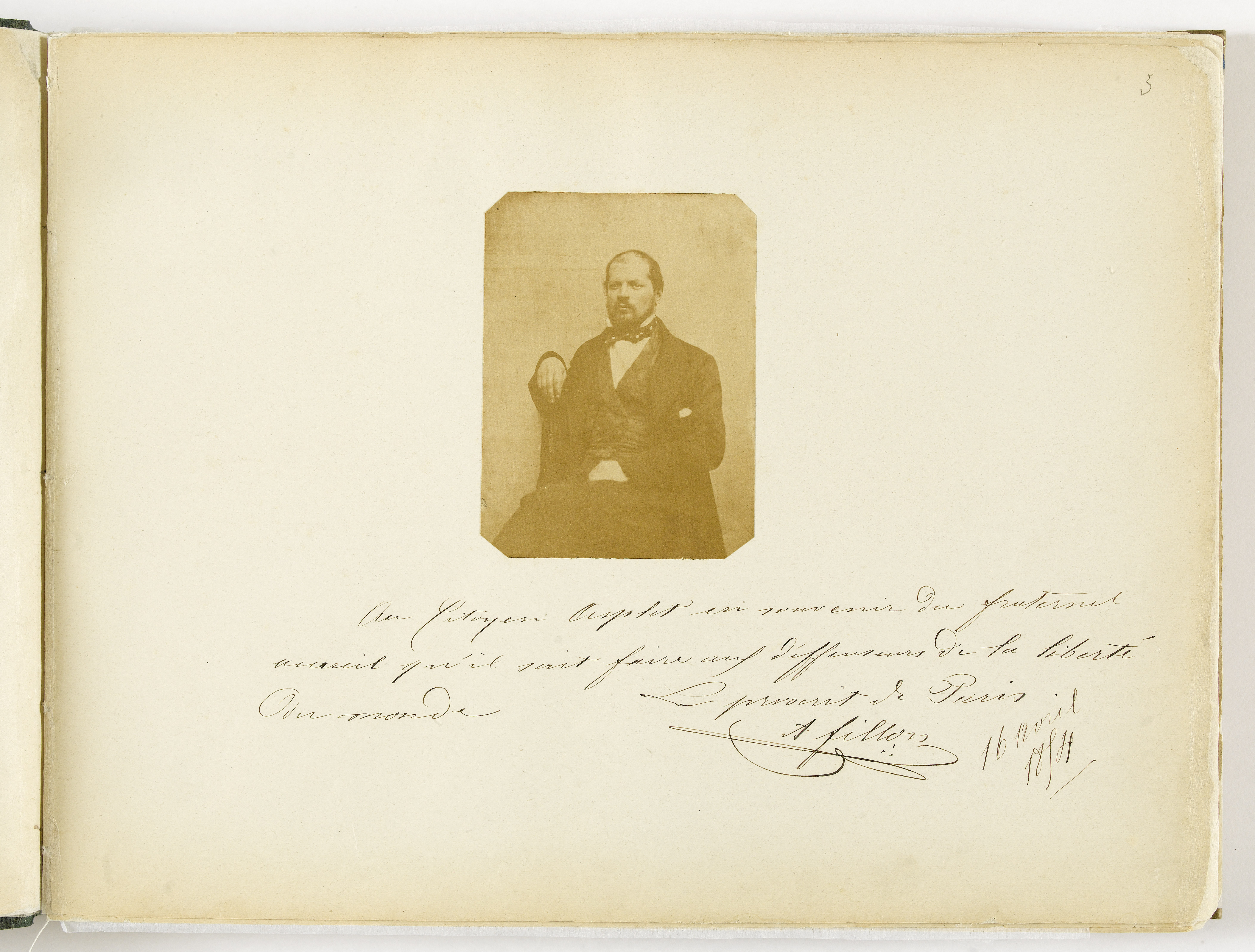 Atelier de Jersey, Album Asplet folio 3, portrait et dédicace du proscrit A.Fillon
