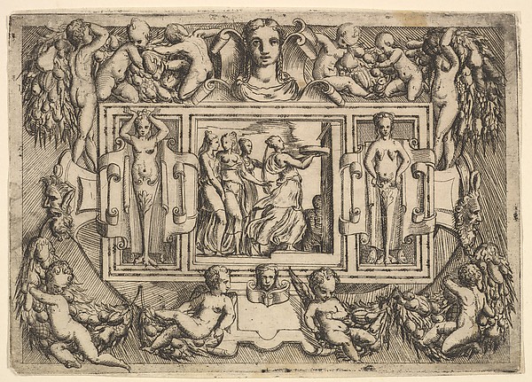 Battista Angolo del Moro, The Cumeaean sibyl walking to the right and carrying a tray, followed by three women, set within an elaborate frame